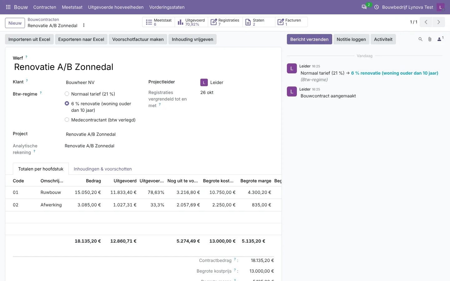 Bouwcontract per werf in Odoo met meetstaat, hoofdstukken en totalen